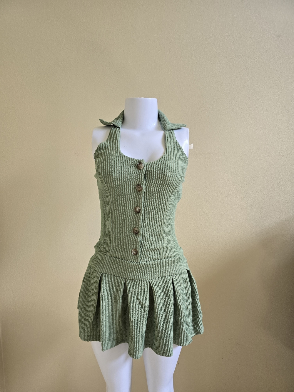 Light Green Knit Halter Mini Dress with Buttons